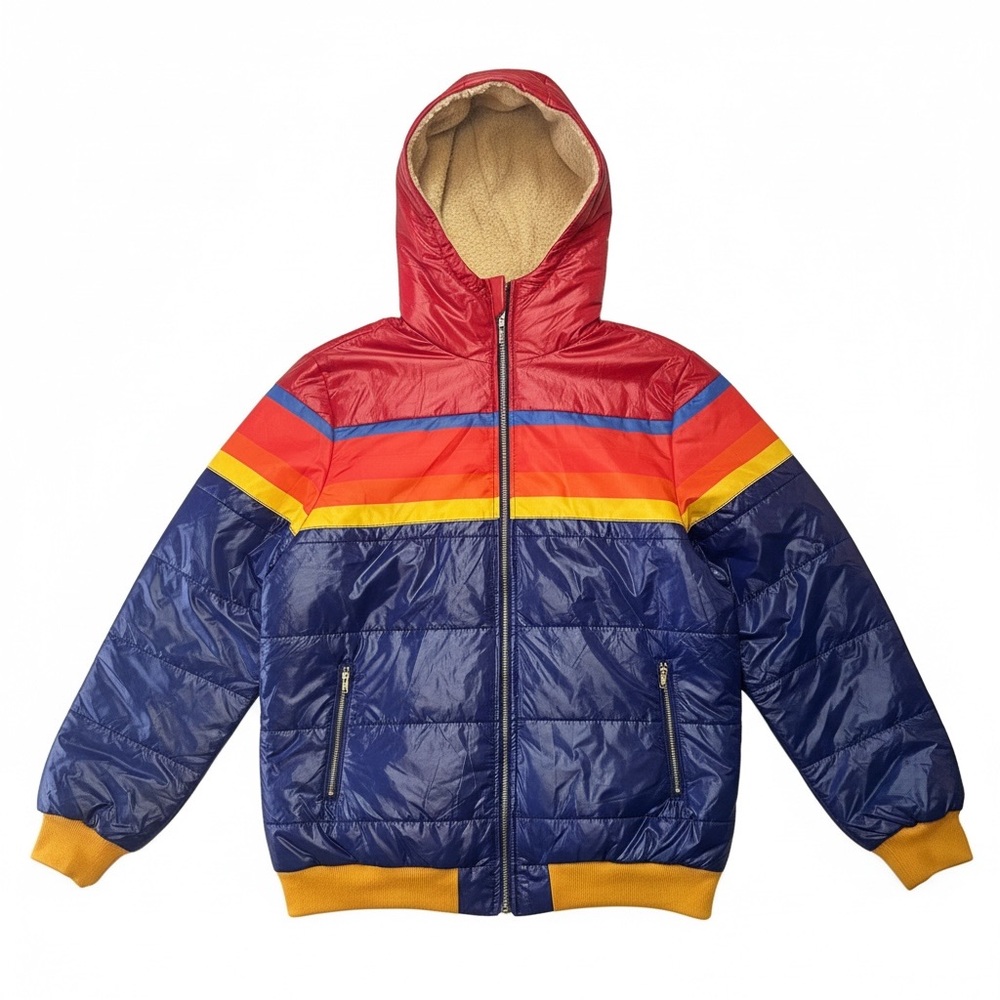 Vintage 70s rainbow stripe puffer jacket lined hood size Medium